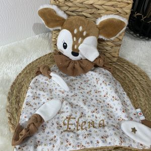 Doudou personnalisé brodé prénom Elena en tissu fleuri et velours marron