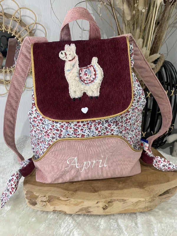 Sac à dos enfant personnalisé avec prénom brodé, motif lama brodé, tissu coton fleuri et velours côtelé