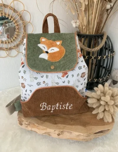 Sac à dos enfant personnalisé avec prénom brodé, motif renard, tissu coton imprimé et velours côtelé