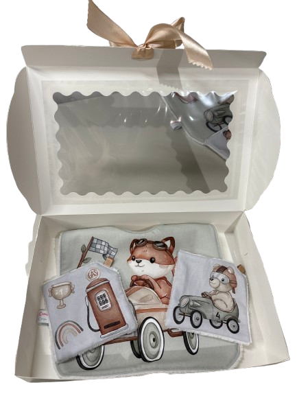 Coffret naissance bébé avec bavoir et lingettes assorties motif animaux dans une boîte cadeau, création artisanale Créatiph'n.