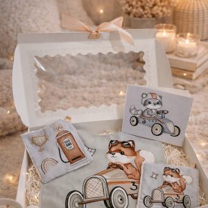 Coffret naissance bébé présenté dans une ambiance cocooning avec bavoir et lingettes assorties motif renard en voiture, idée cadeau naissance, création artisanale Créatiph'n.